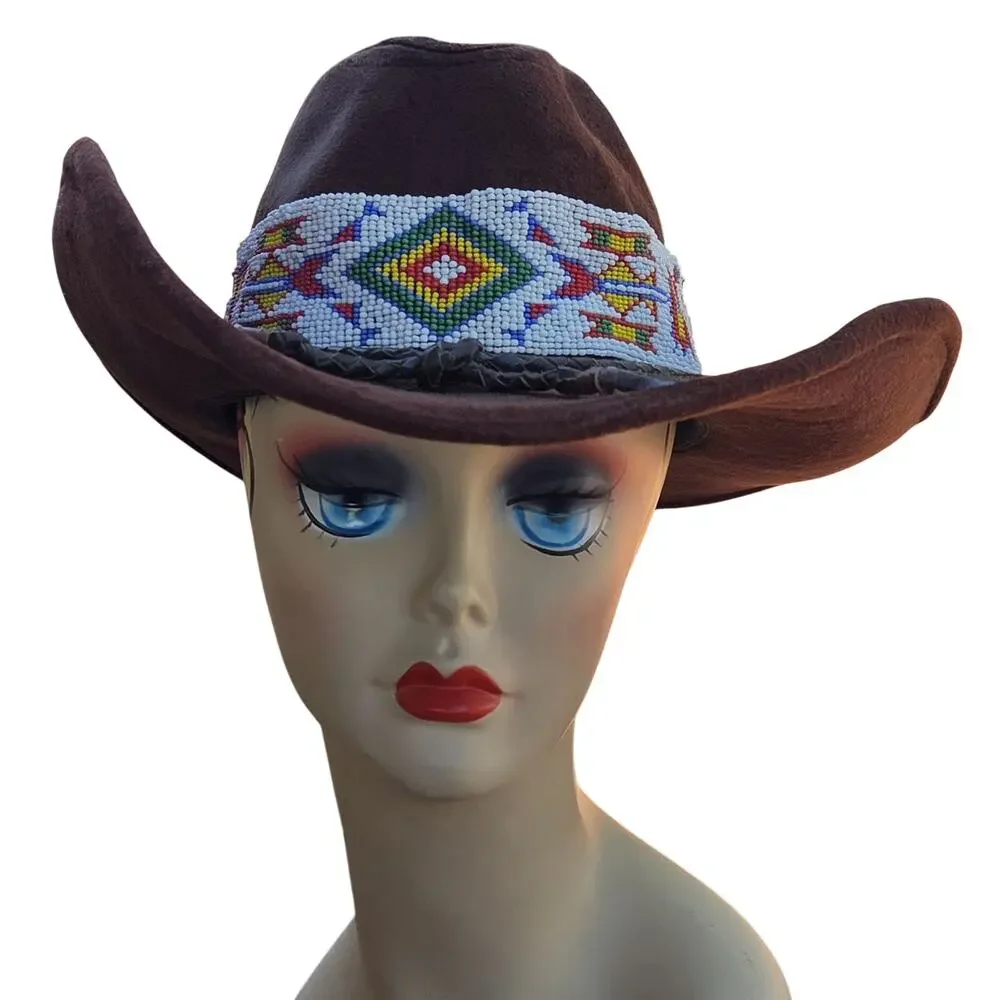 Vtg Brown Velour Cowboy Hat Southwestern Beaded Band Festival Western Boho